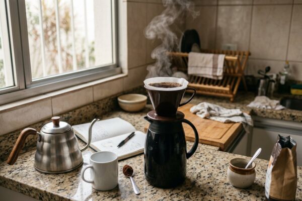 Café sendo coado no filtro de papel sobre uma bancada de cozinha, com chaleira, xícara e caderno de anotações