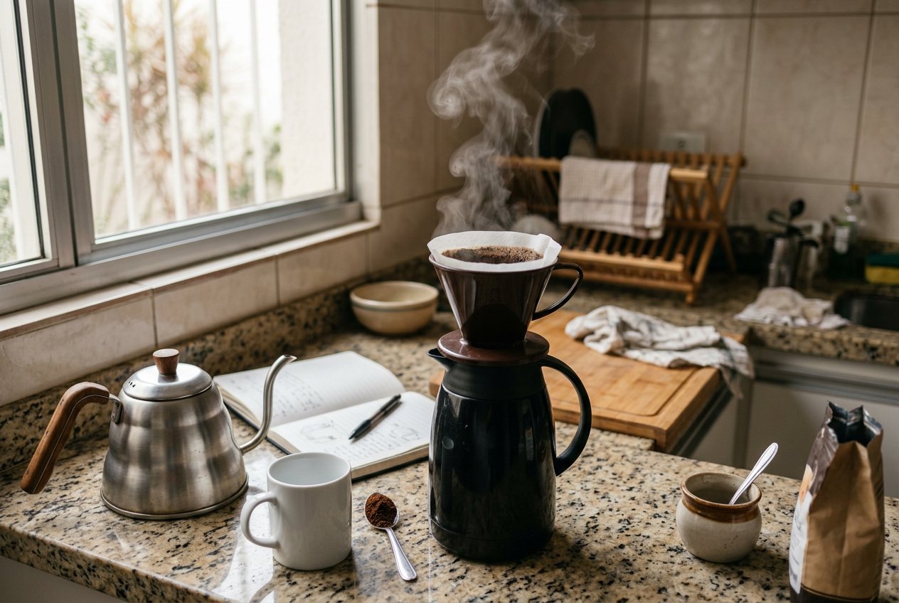 Café sendo coado no filtro de papel sobre uma bancada de cozinha, com chaleira, xícara e caderno de anotações